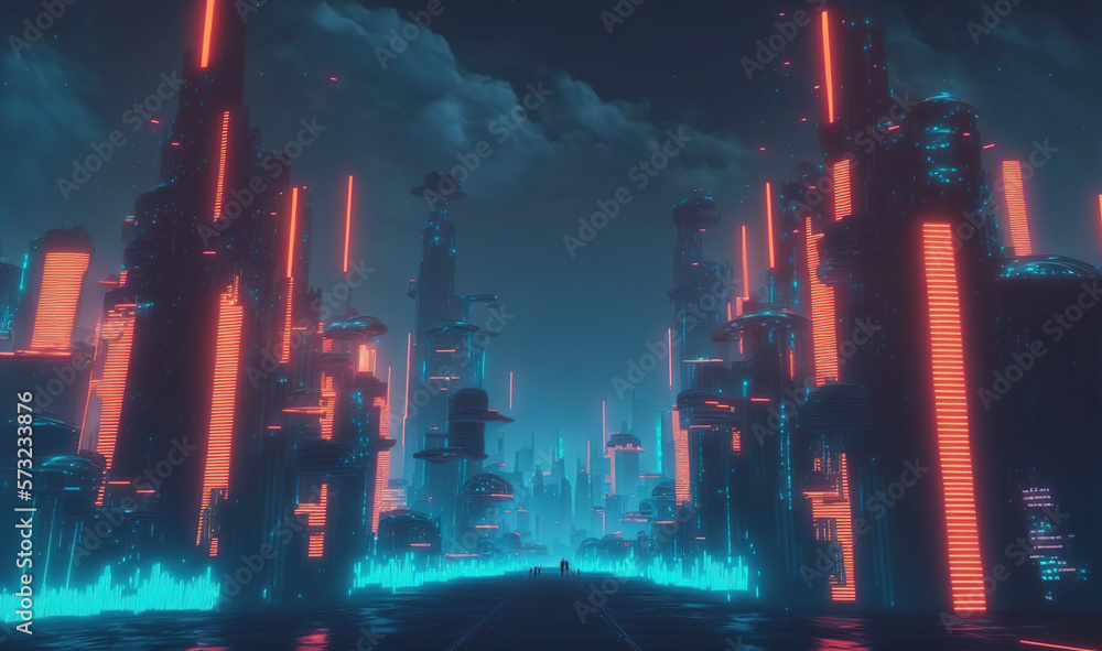 Futuristic city scene with neon light illuminated the dark fictional city street . Sublime Generativ