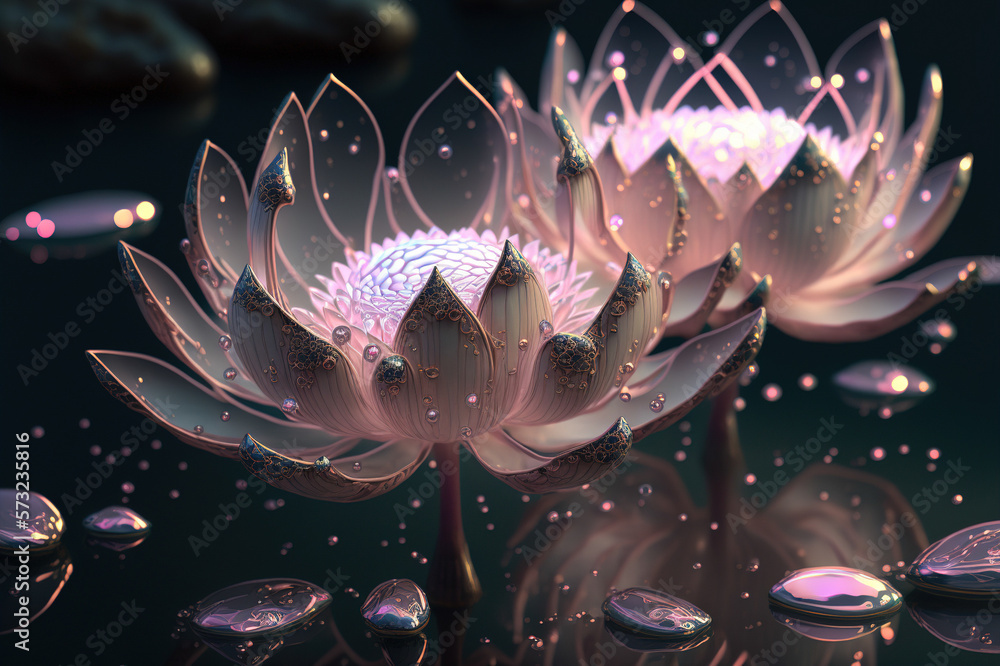 Dreamlike image of light glowing lotus flower or water lily with transparent pink illumination under