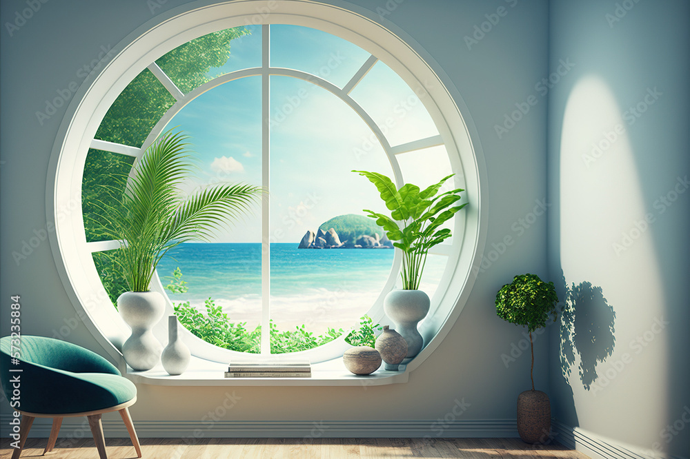 A room with round glass window overlooking beautiful landscape background . Hotel futuristic showroo