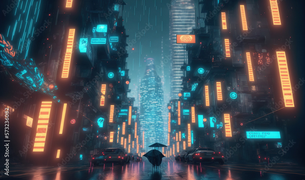 Futuristic city scene with neon light illuminated the dark fictional city street . Sublime Generativ