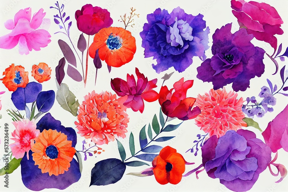 Flower bouquet set watercolor pieces of artwork design. Spring and summer flower nature in style of 