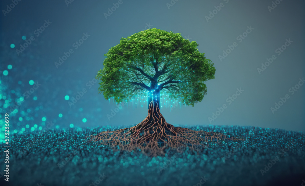 A beautiful large tree growing on the micro chip computer circuit board showing concept of digital b