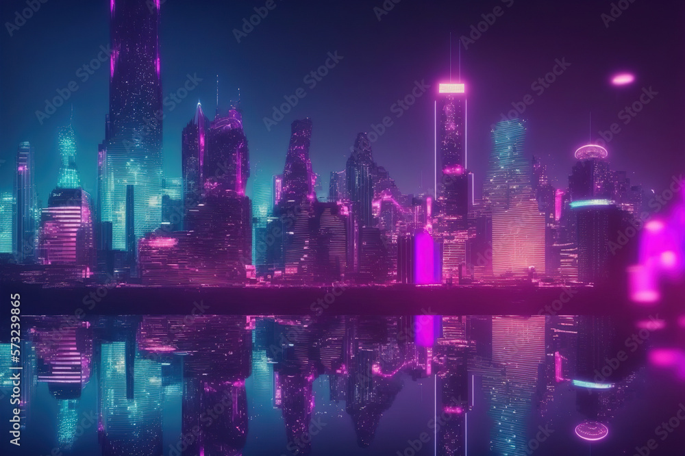 Futuristic city with neon light pink and blue illuminated skyline . Sublime Generative AI image .