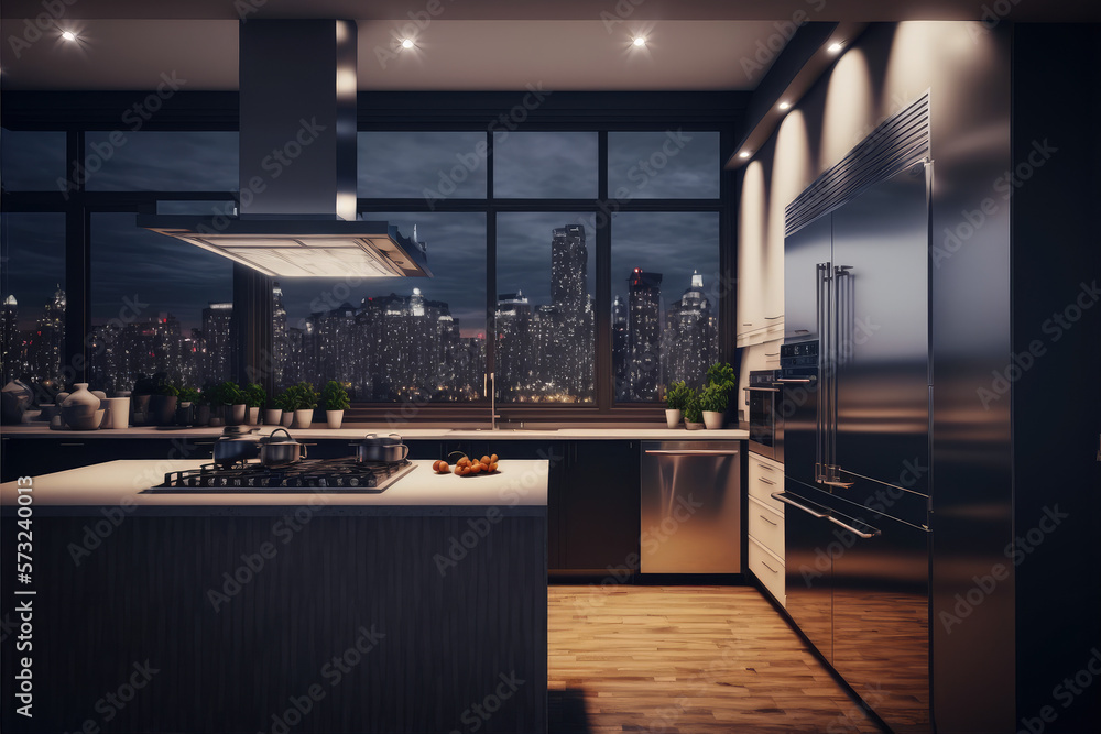 Luxury apartment kitchen at night . Luxury interior decoration design. Peculiar AI generative image.