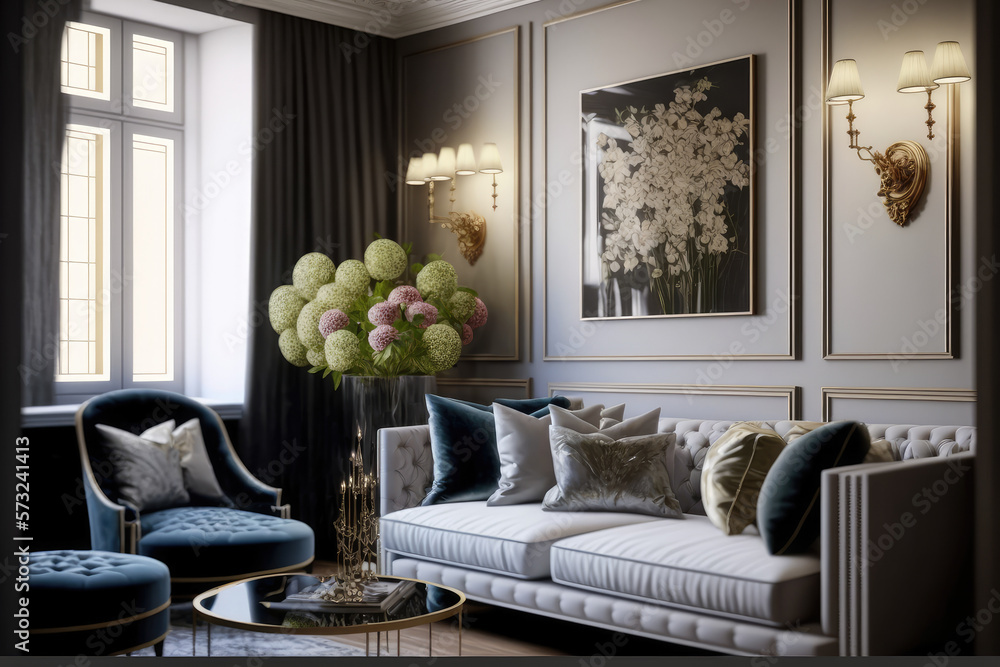 Luxury interior of home or hotel living room design with elegant retro stylish furniture decorated w