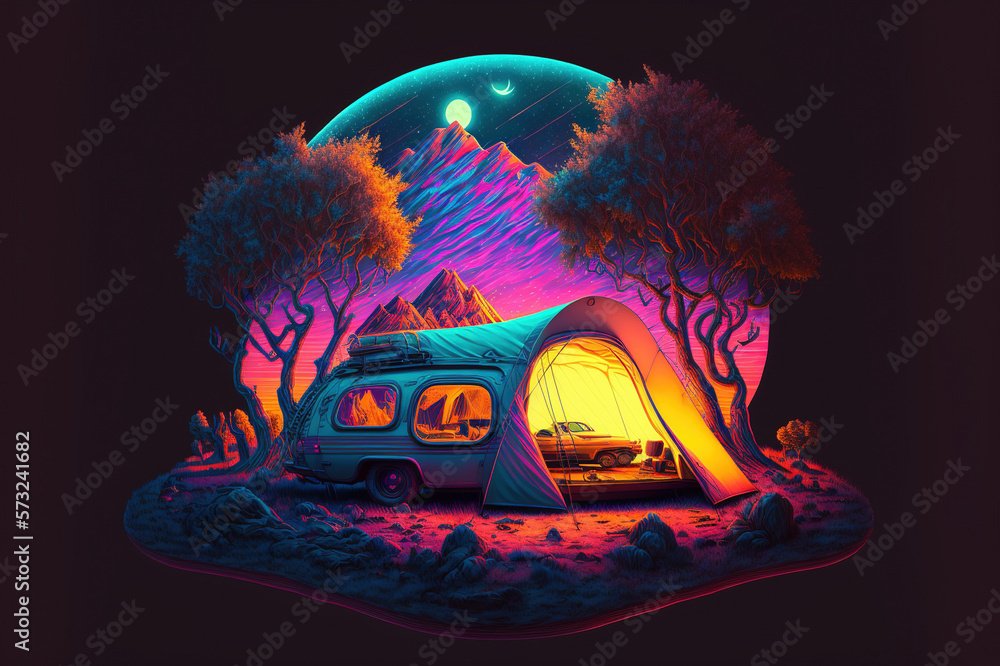 Camping tent illustrated in neon light vaporwave design . Sublime Generative AI image .