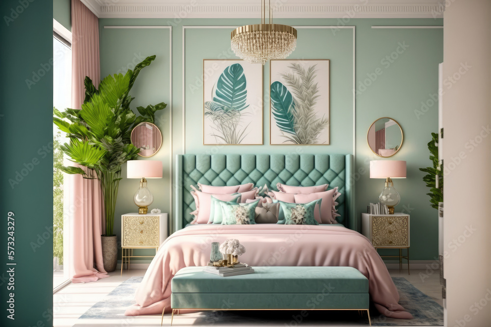 Pastel color elegant bedroom interior design. Peculiar AI generative image.