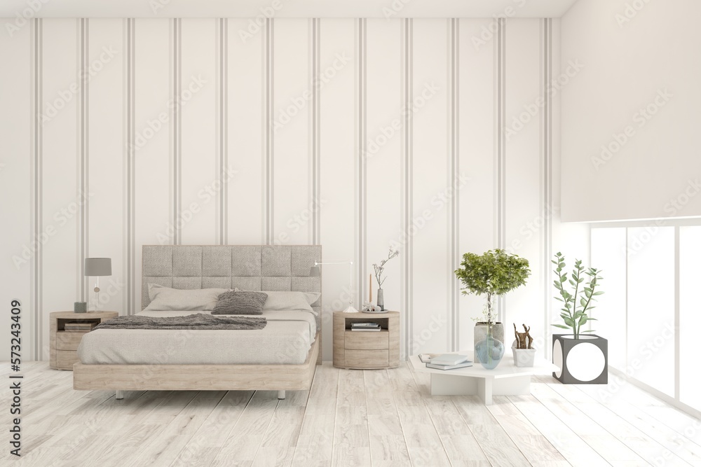 White bedroom interior. Scandinavian design. 3D illustration