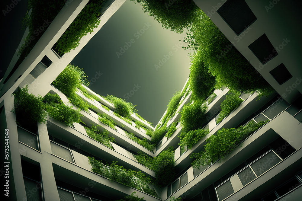 Eco-friendly green building with vertical garden design for sustainability . Sublime Generative AI i