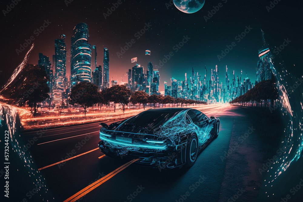 Racing sports car driving on urban city road with luxury digital technology . Sublime Generative AI 