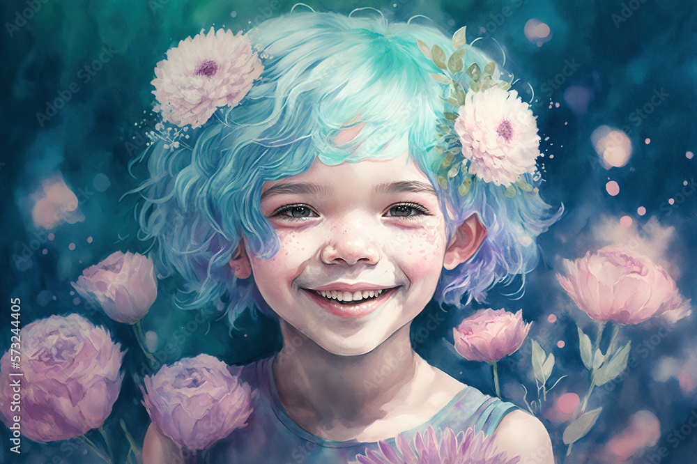 Watercolor art style image of little cut girl in pastel pink and blue colors . Sublime Generative AI