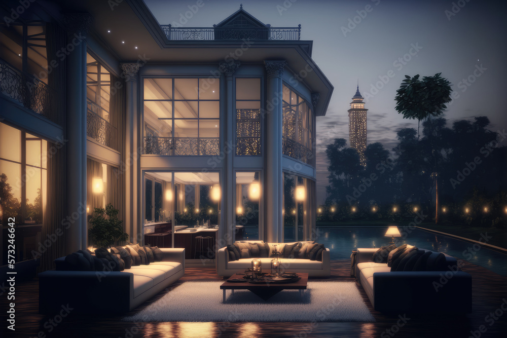 Luxury house with sitting area at night . Modern design of home architecture exterior. Peculiar AI g