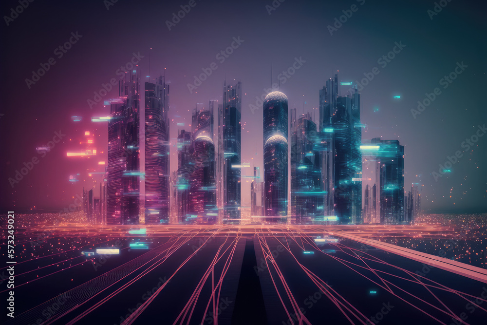 Smart city with communication network graphic connecting the city with wireless internet technology.