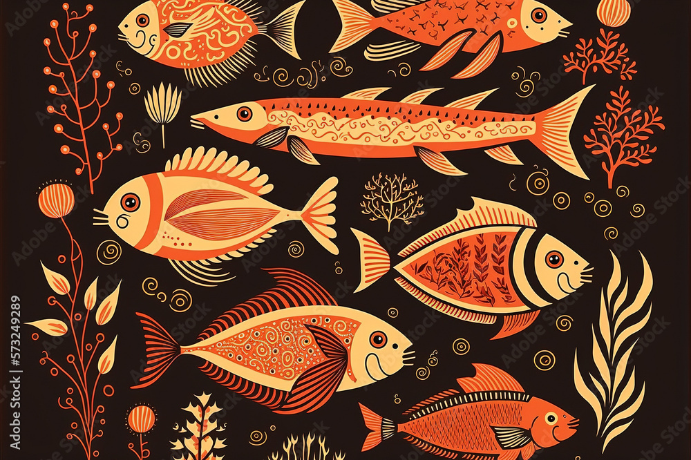 Folk art design of fish pattern wallpaper, red color theme . Sublime Generative AI image .