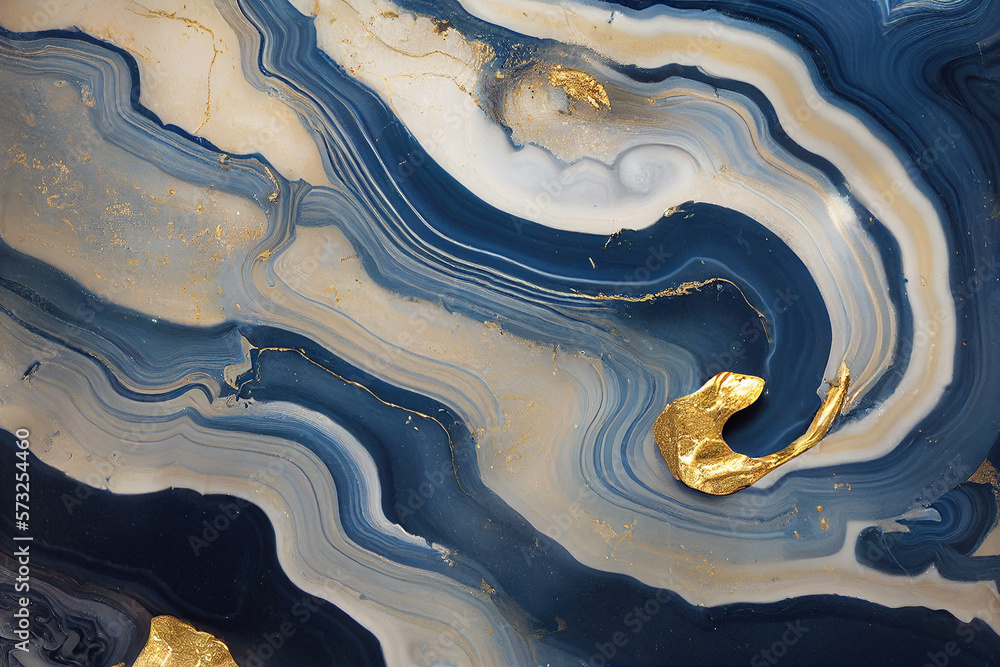 Abstract art background with a fluid marble blue and gold texture. Splendid generative AI luxury abs