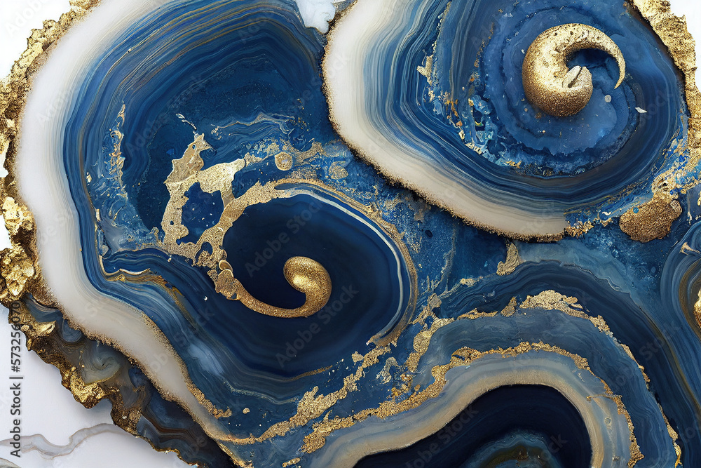 Abstract art background with a fluid marble blue and gold texture. Splendid generative AI luxury abs