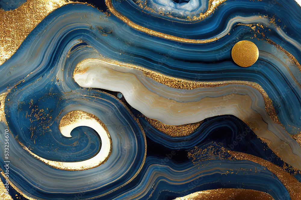 Abstract art background with a fluid marble blue and gold texture. Splendid generative AI luxury abs