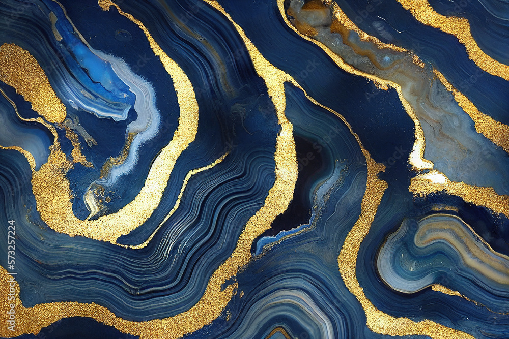 Abstract art background with a fluid marble blue and gold texture. Splendid generative AI luxury abs