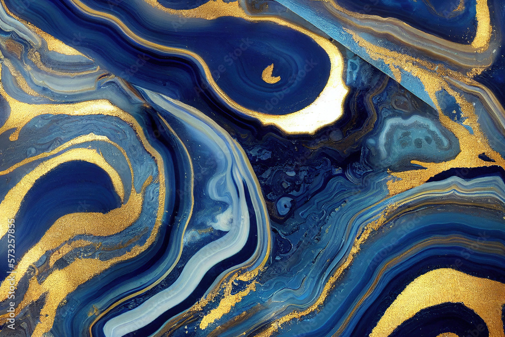 Abstract art background with a fluid marble blue and gold texture. Splendid generative AI luxury abs