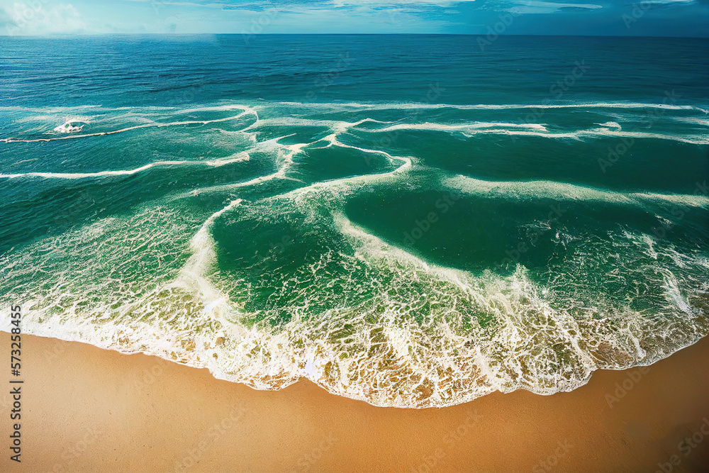 Spectacular top view from drone photo of beautiful beach with relaxing sunlight, sea water waves pou