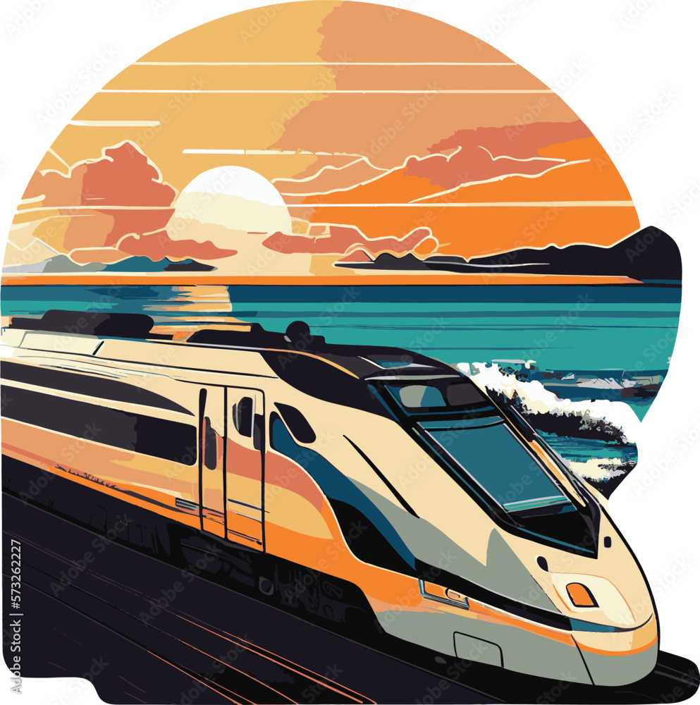 Vector image of train against background of sea during sunset..