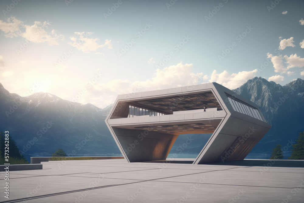 Futuristic architecture of modern hall entrance facade on high mountain top scenery with empty outdo