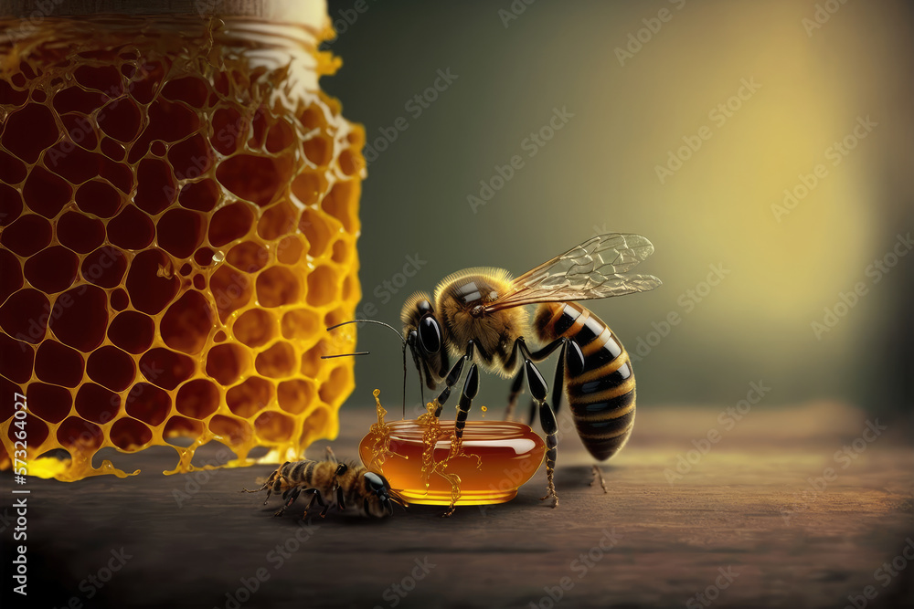 Bee and honey from close up view of nature insect. Peculiar AI generative image.