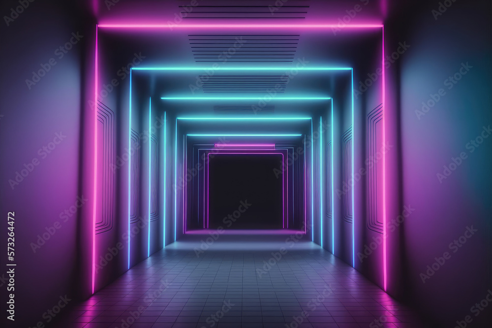 Neon light corridor tunnel with diminishing perspective view . Futuristic walking pathway. Peculiar 