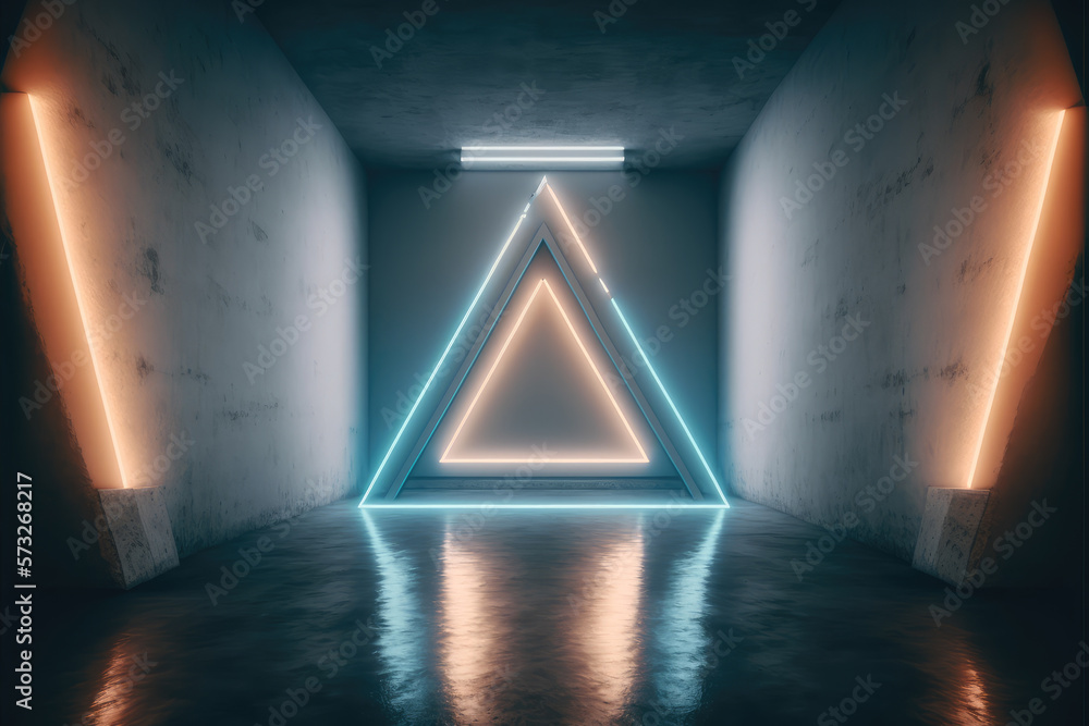 Concrete room with triangle portal illuminated by blue and orange neon light. Peculiar AI generative