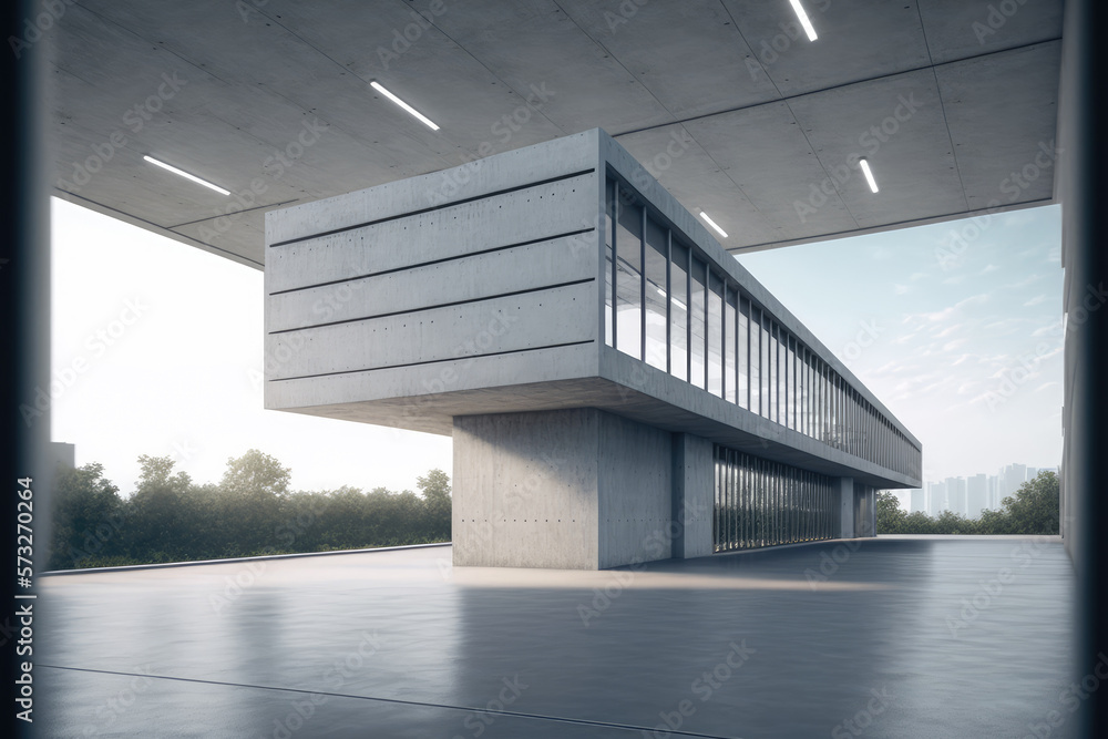 Modern architecture exterior of public hall entrance in urban building outdoor under bright sky with