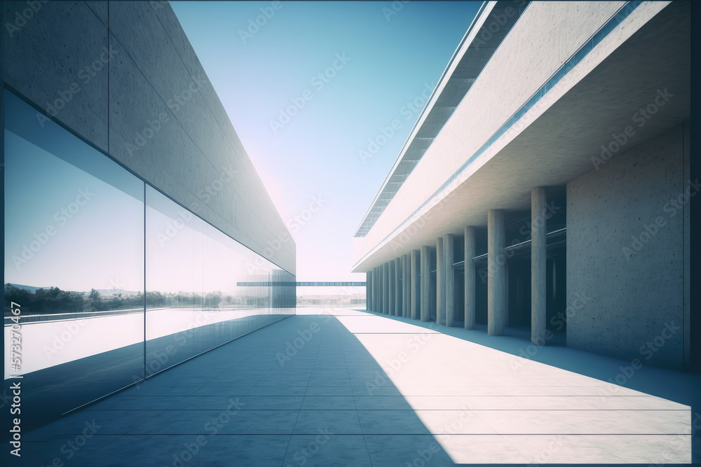 Modern architecture exterior of public hall entrance in urban building outdoor under bright sky with