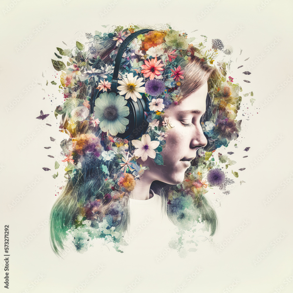 Sedate double exposure portrait of beautiful woman in headphone listen to music immerse with spring 