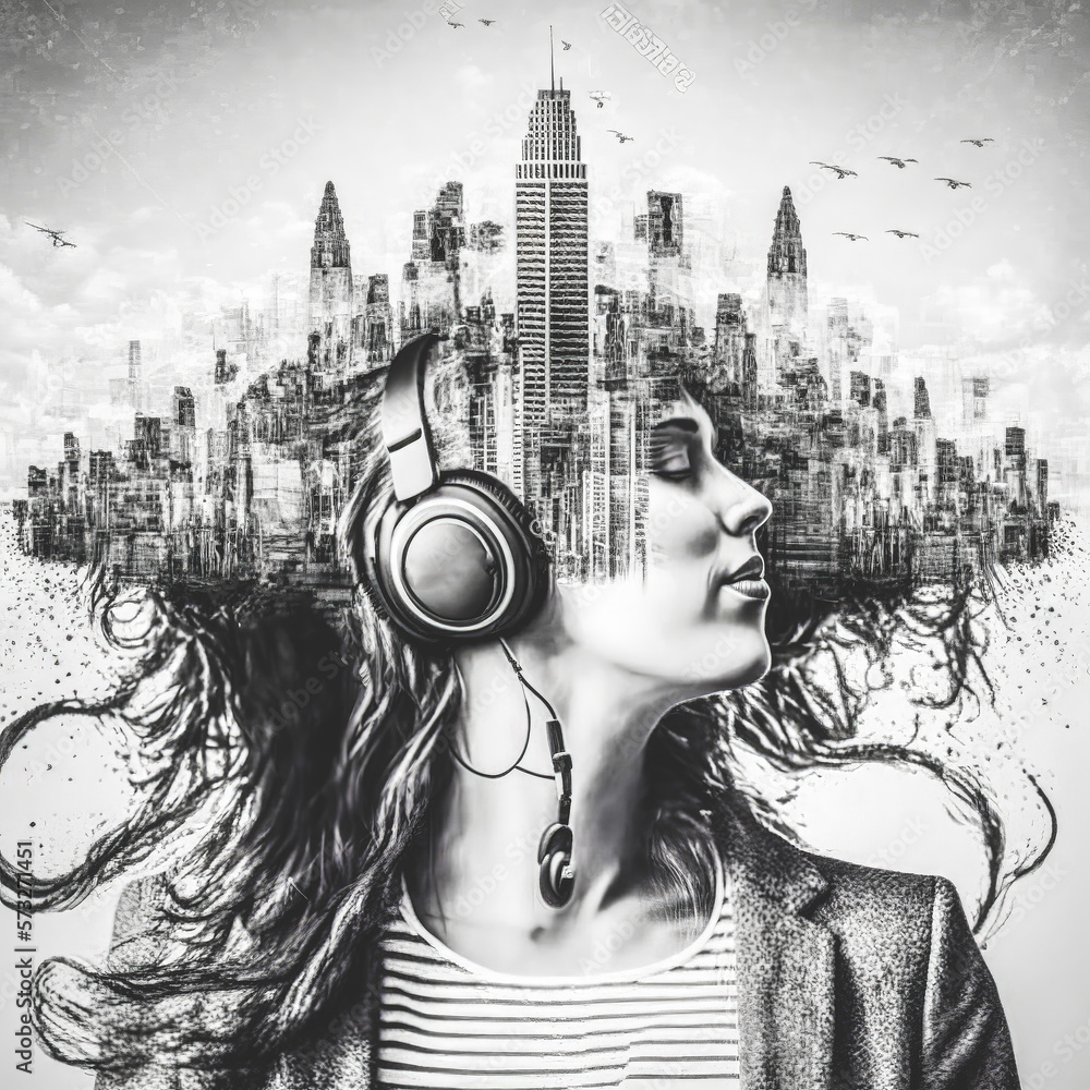 Sedate double exposure portrait of happy beautiful girl enjoying music in headphone concept with urb