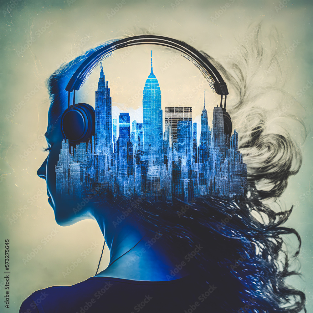 Sedate double exposure portrait of happy beautiful girl enjoying music in headphone concept with urb