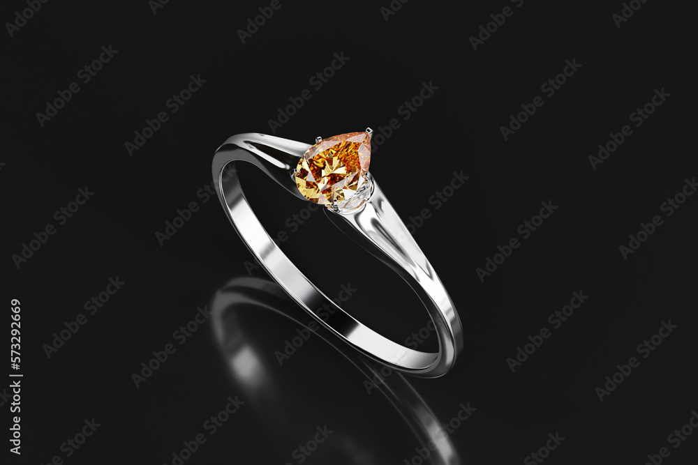 Silver Ring with Amber Pear Diamond Placed on Glossy Background 3D Rendering