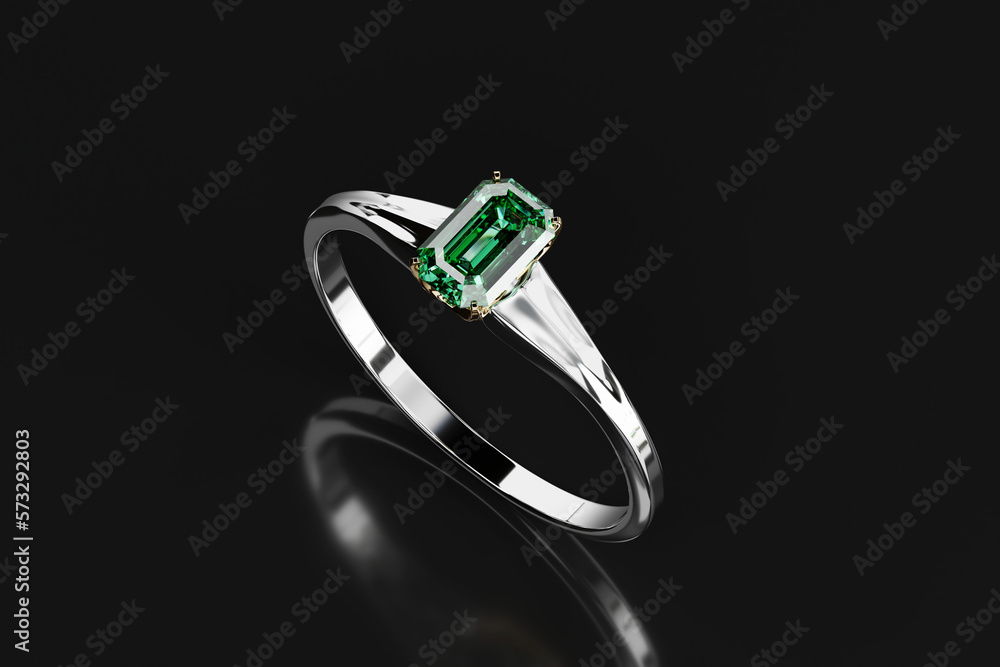 Silver Ring with Green Emerald Diamond Placed on Glossy Background 3D Rendering