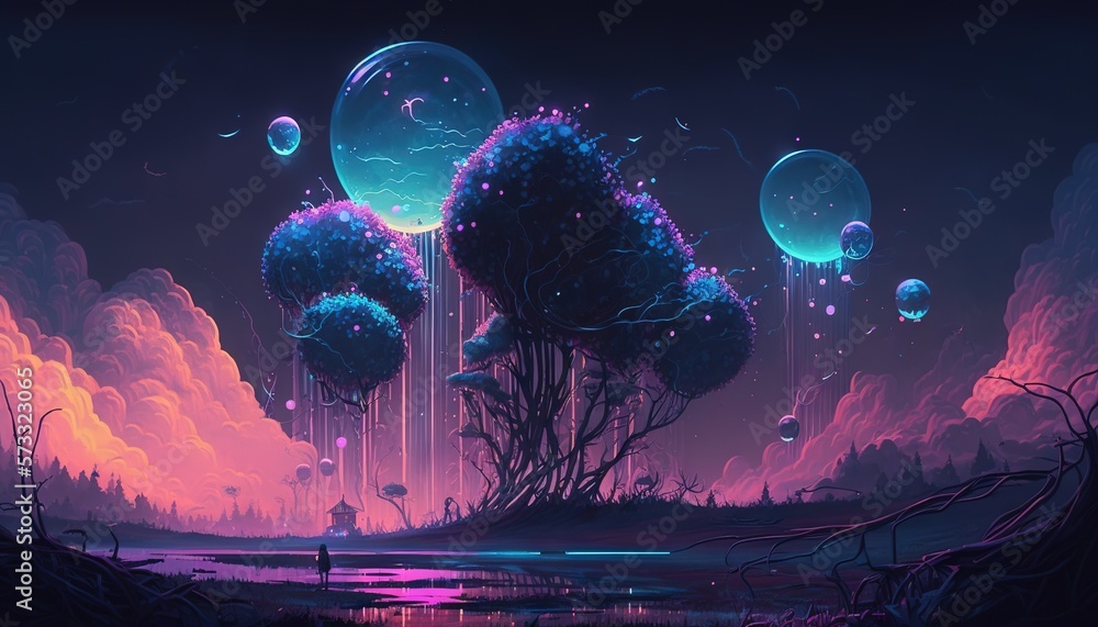 Dreamy futuristic landscape. Bubble trees. Neon colored. Generative AI