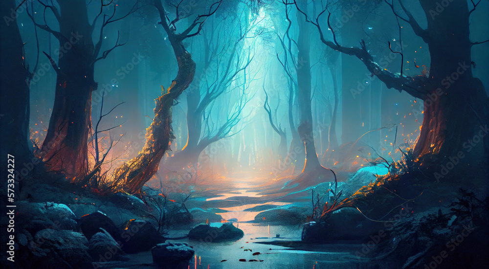 Misty forest with trees and water stream. Fairy world. Generative AI