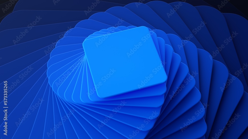 3d render, abstract minimalist geometric background with blue square cards, twisted layers