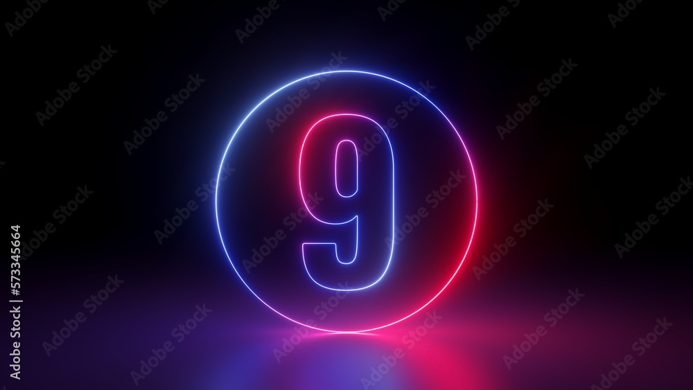 3d render, red blue neon number nine inside the linear round frame glowing in the dark, isolated on 