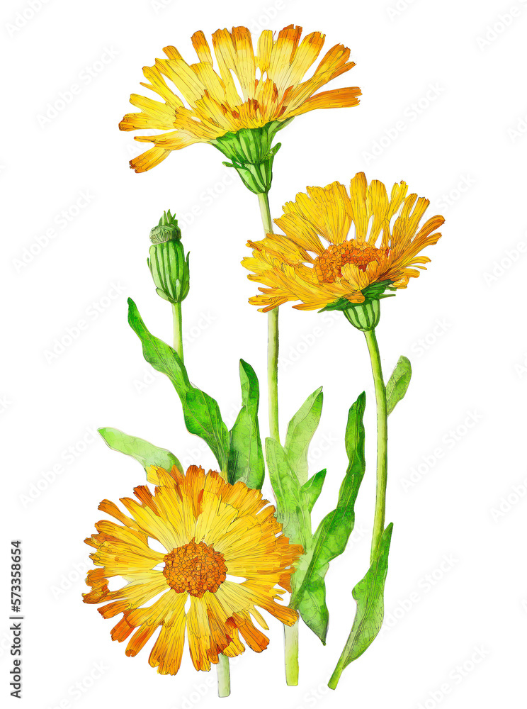 Calendula plant used for herbal medicine and cosmetics. Generative AI watercolor illustration