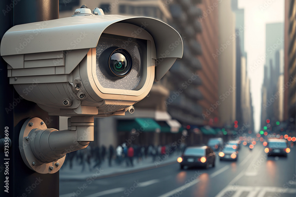 Close-up of a security camera surveilling a busy modern city street. Generative AI illustration