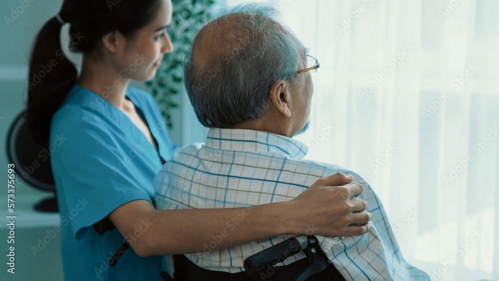 Rear view of a caregiver and her contented senior patient gazing out through the window. Elderly ill