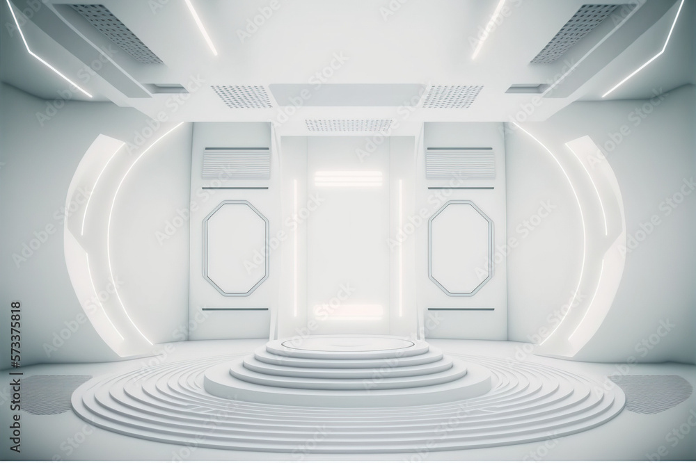 Futuristic stage in a spaceship showroom floor with copy space for product display mock up . White c