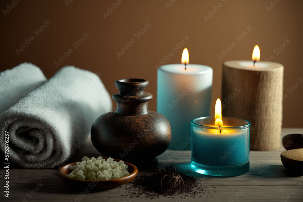 AI Generative image, spa accessory composition set in spa hotel , beauty wellness center . Spa produ