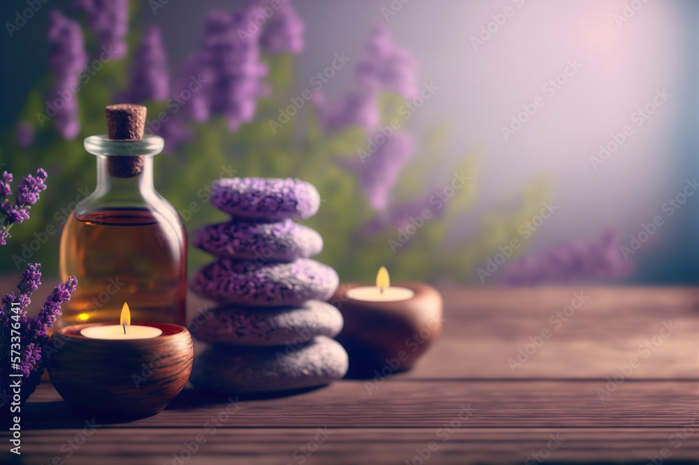 AI Generative image, spa lavender composition set in spa hotel , beauty wellness center . Spa produc