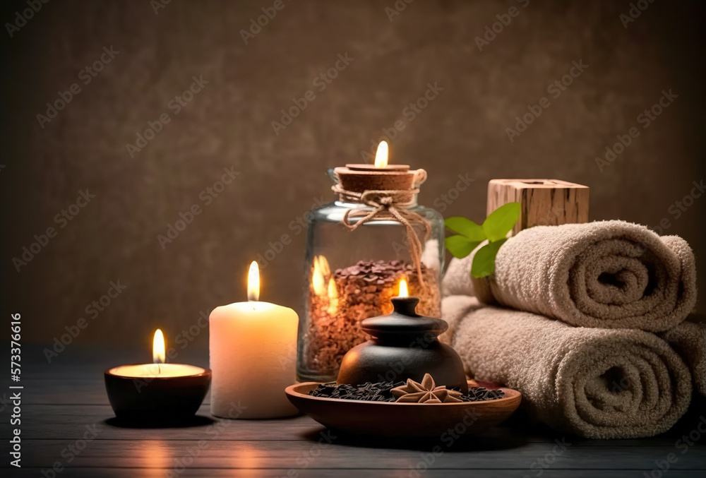 AI Generative image, spa accessory composition set in spa hotel , beauty wellness center . Spa produ