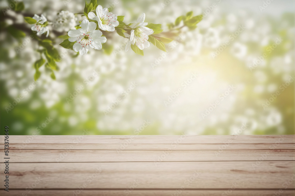 Empty table for product display with flower spring blur background . Sublime Generative AI image .