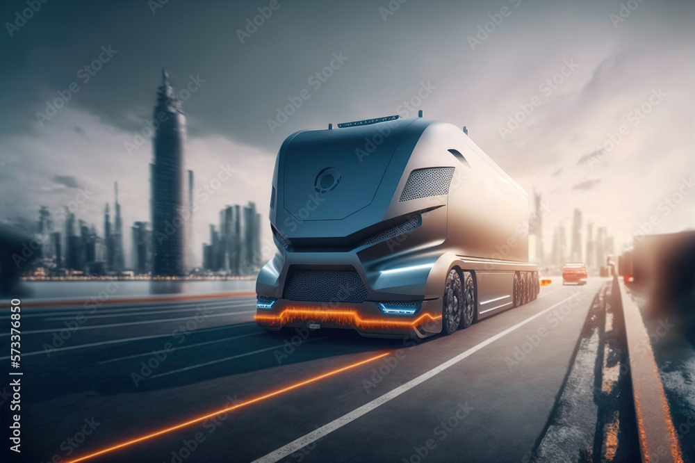 Self driving futuristic freight truck deliver goods to warehouse on city highway road with advanced 