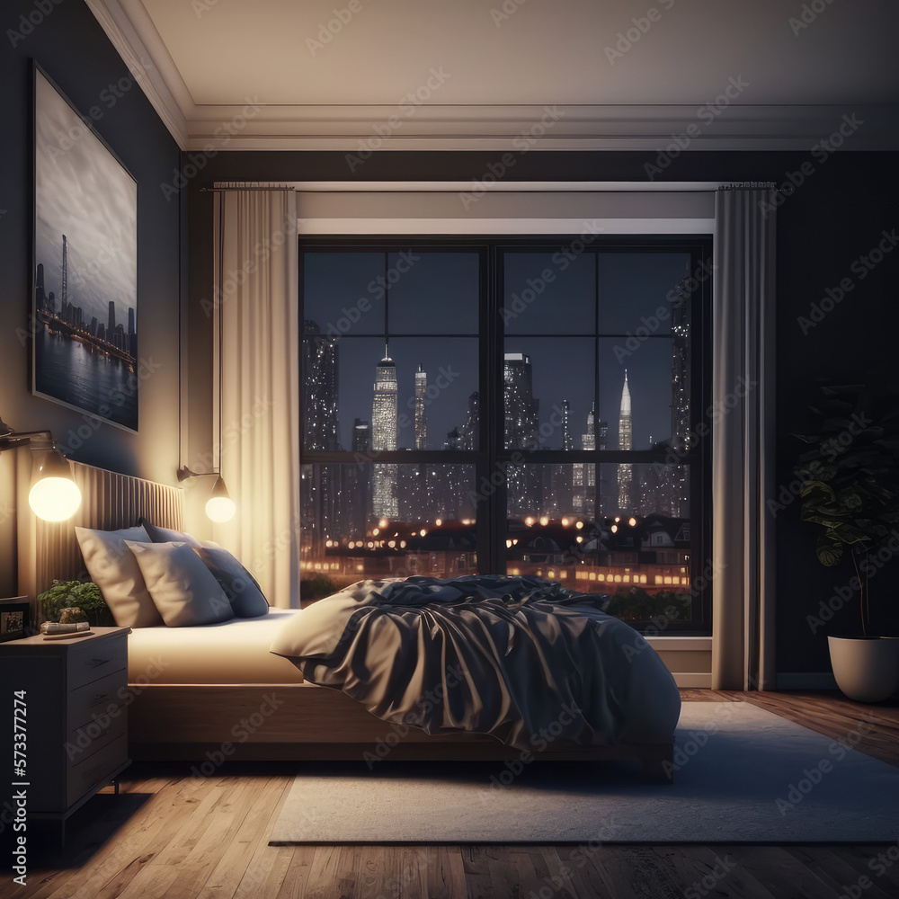 Interior of luxury penthouse bedroom at night. Peculiar AI generative image.